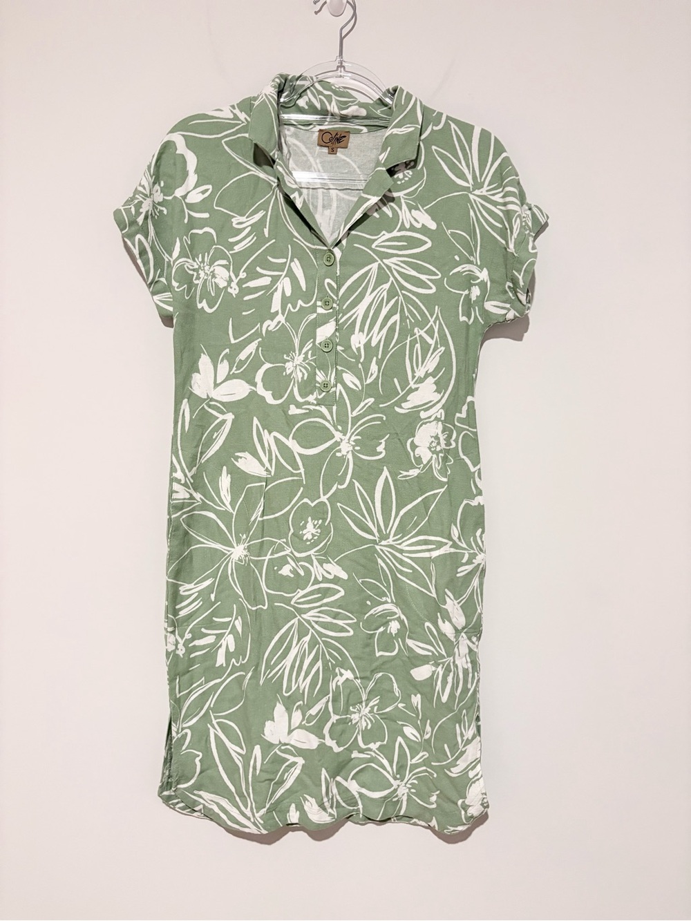 Coline linen blend floral Hawaiian pocket button front shirt dress green white S